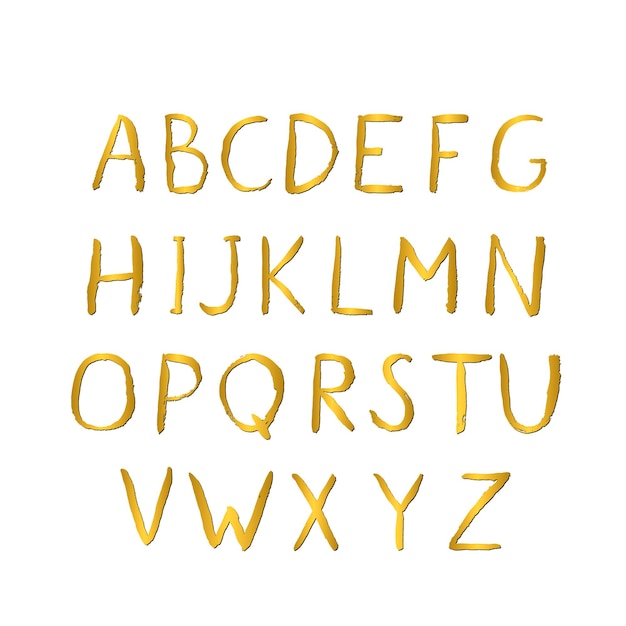 Hand drawn gold alphabet Grunge golden letters AZ isolated on white Sans serif modern font Latin uppercase handwriting symbols