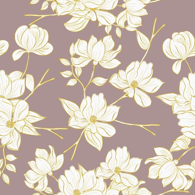 Hand Drawn Gold Magnolia Flower Seamless Pattern