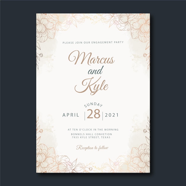 Hand drawn golden wedding invitation template