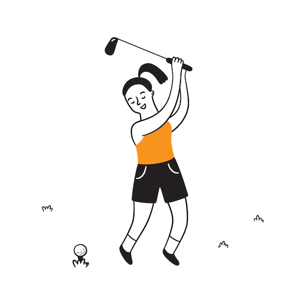 Hand drawn golf player with club. Golfers in doodle style. Isolated vector illustration on white background