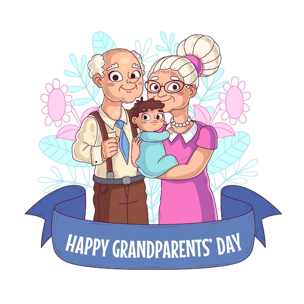 Vector hand drawn grandparents day illustration with grandparents and grandchild