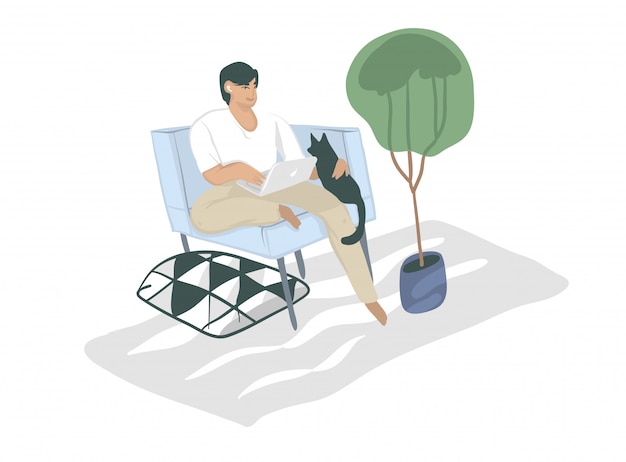 Hand drawn     graphic cartoon illustration with black man character,freelancer working at home with laptop computer and sitting in armchair with cat isolated