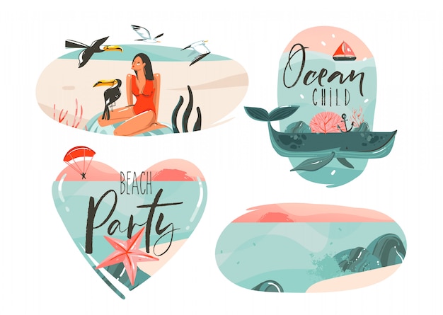 Hand drawn   graphic cartoon summer time flat illustrations sign collection set with girl,whale,sunset horizon,toucan birds and typography quotes isolated