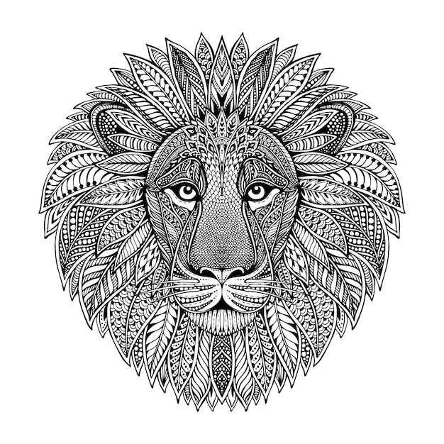 Hand drawn graphic ornate head of lion with ethnic floral doodle pattern. illustration for coloring book, tattoo, print on t-shirt, bag.  on a white background.