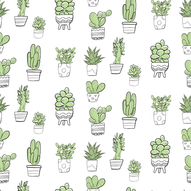 Hand drawn green cactus seamless pattern