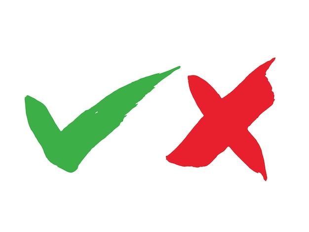 Hand drawn of green check mark and red cross isolated right and wrong icon vector illustration