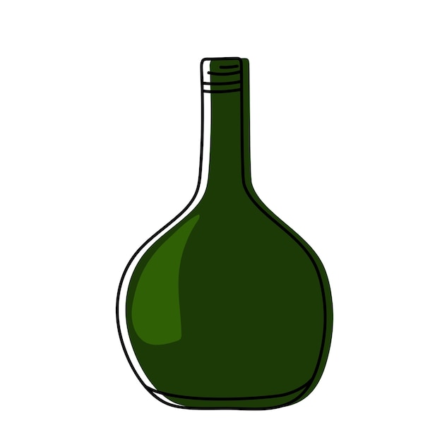 Hand drawn green glass round bellied bottle with a long neck for wine.