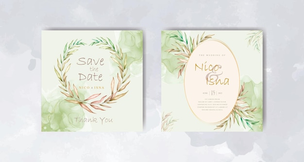 hand drawn green leaves wedding invitation card