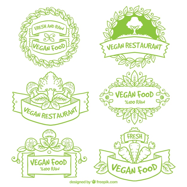 Vector hand drawn green vegan restaurant badges 