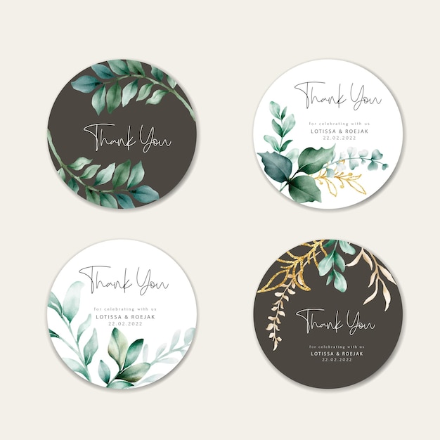 hand drawn greenery and gold leaves label collection