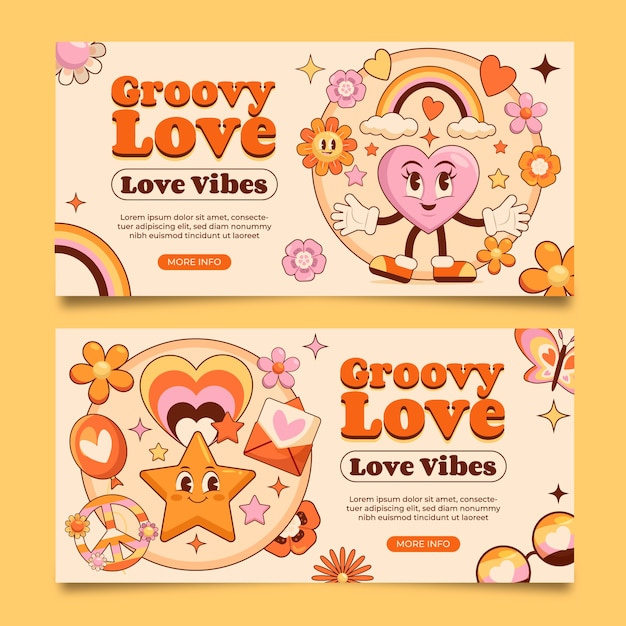 Vector hand drawn groovy love banners