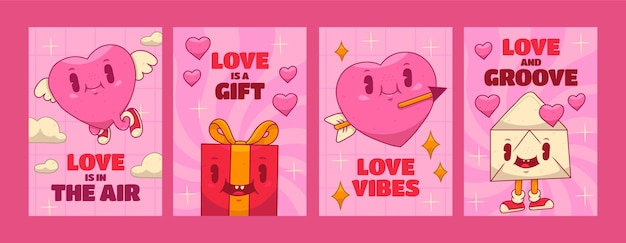 Hand drawn groovy love cards set