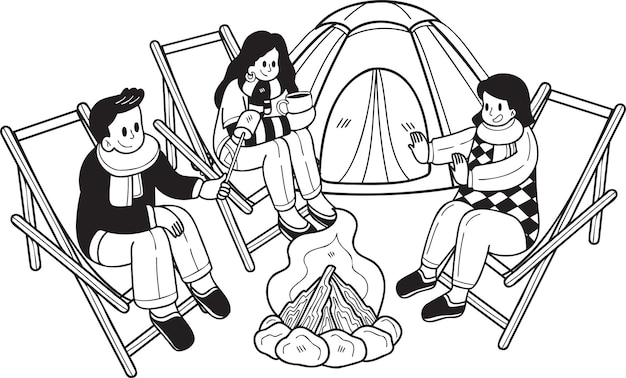 Hand Drawn A group of tourists sit by the fire in the forest illustration in doodle style