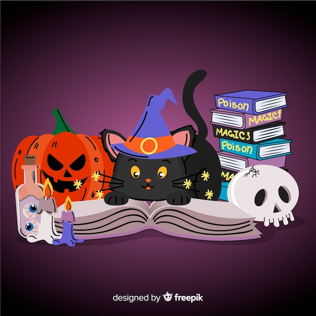 Hand drawn halloween cat with books