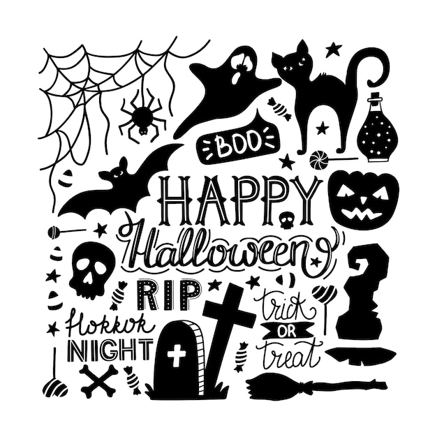 Hand drawn Halloween doodles print with lettering.