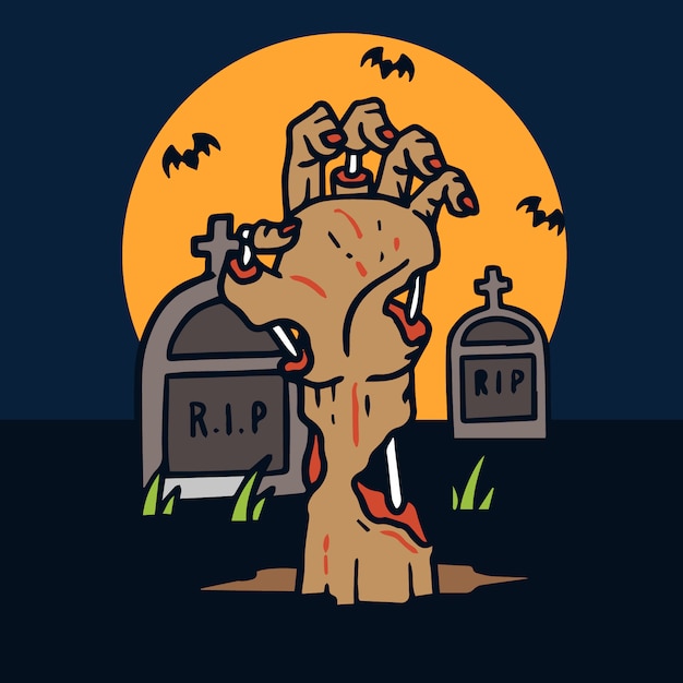 Hand drawn halloween hand reaching out the grave illustration