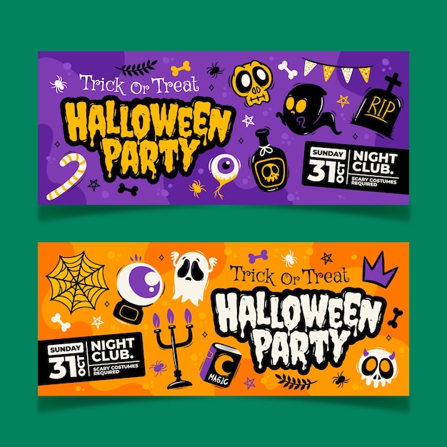 Hand drawn halloween horizontal banners set