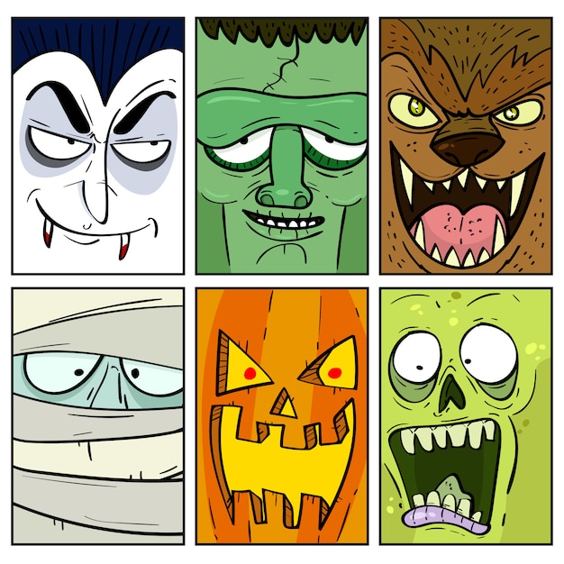 Hand drawn Halloween monster card collection