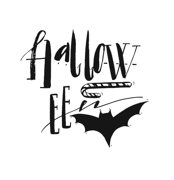 Hand drawn Halloween Poster with ink handwritten modern lettering word Halloween,bat and candy.Design element for halloween party or sign isolated on white background.