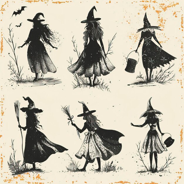 Vector hand drawn halloween witches collection halloween elements happy halloween