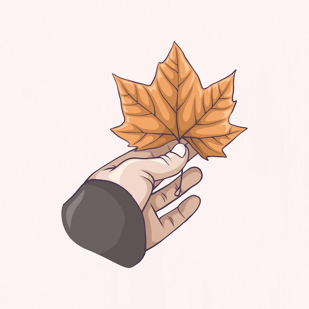 Hand drawn hand holding maple leaf for autumn