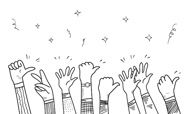 Hand drawn of hands clapping ovation applause thumbs up gesture on doodle hands up vector illustration