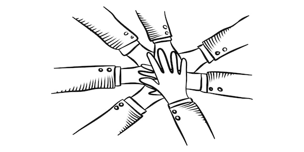 Vector hand drawn hands of diverse group of people putting together isolated on white background. doodle vector illustration.