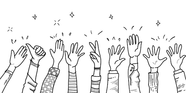 Hand drawn of hands up clapping ovation applause thumbs up gesture on doodle style vector illustration