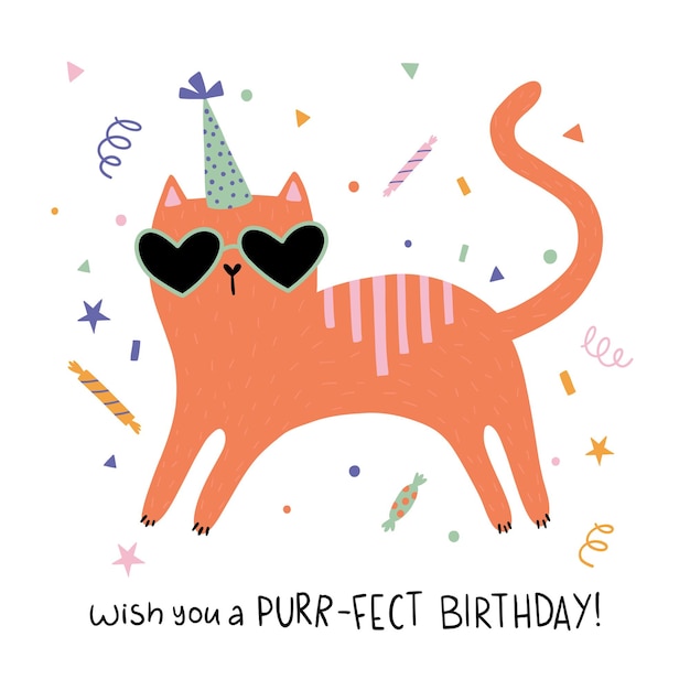 Hand drawn happy birthday card with funny cat with birthday cap and lettering