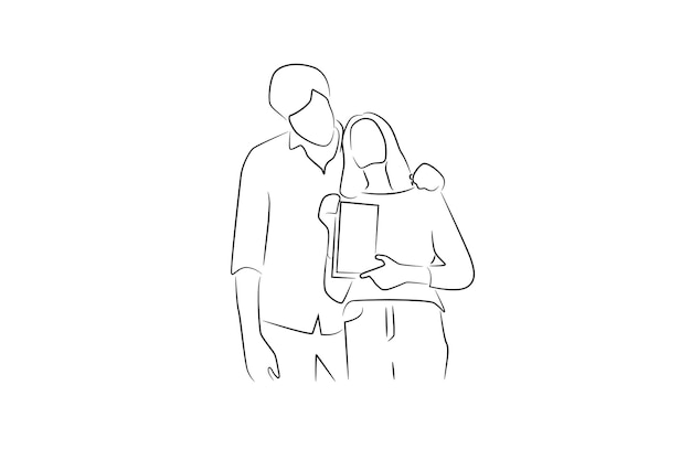 Hand drawn happy couple oneline continuous single line art