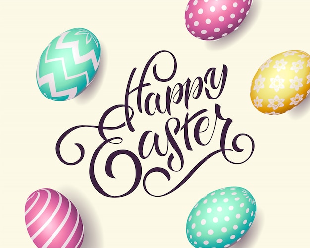 Hand drawn Happy Easter text. Easter poster with realistic eggs on background, banner template, lettering typography.