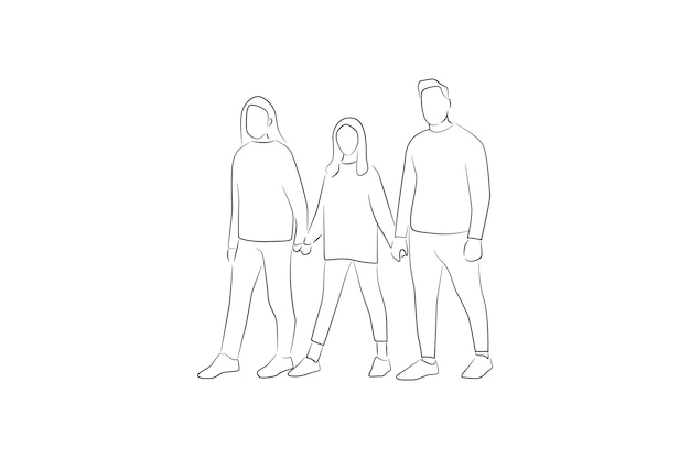 Hand drawn happy family oneline continuous single line art