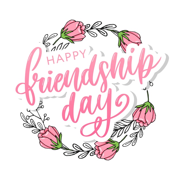 Hand drawn happy friendship day felicitation with lettering text sign and color grunge effect.