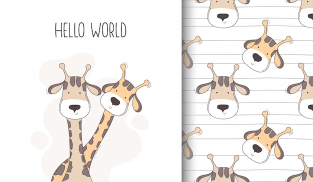 Hand drawn happy giraffe seamless pattern and greeting card.