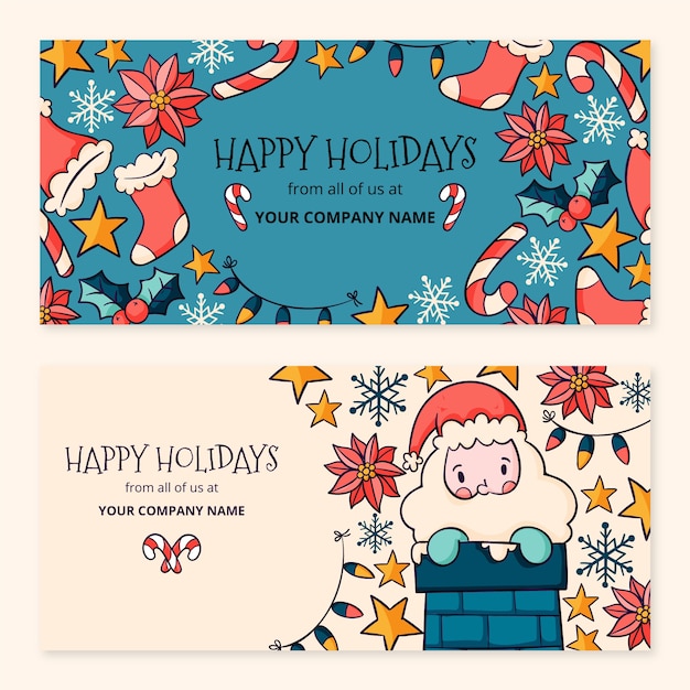 Hand drawn happy holidays christmas banners set