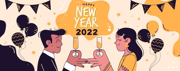 Hand drawn happy new year 2022 horizontal banner