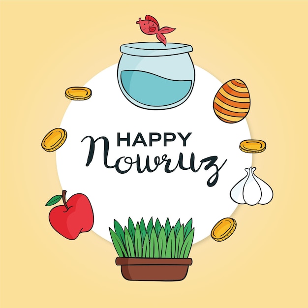 Vector hand-drawn happy nowruz illustration with fishbowl and sprouts