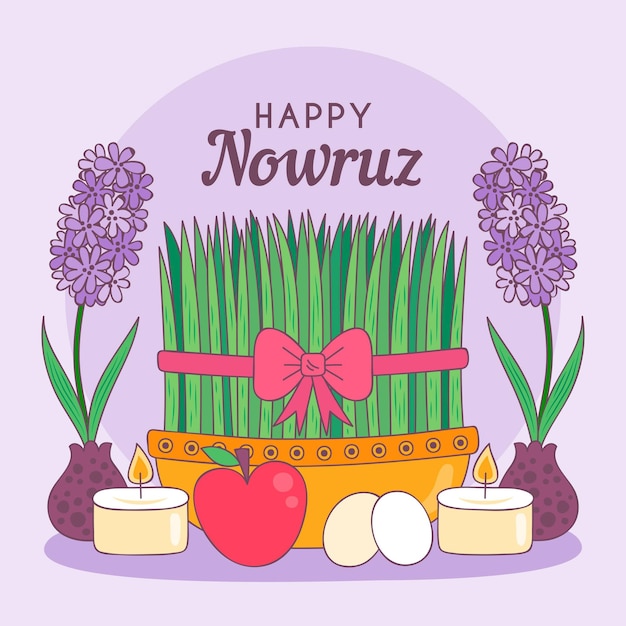 Vector hand-drawn happy nowruz illustration with sprouts