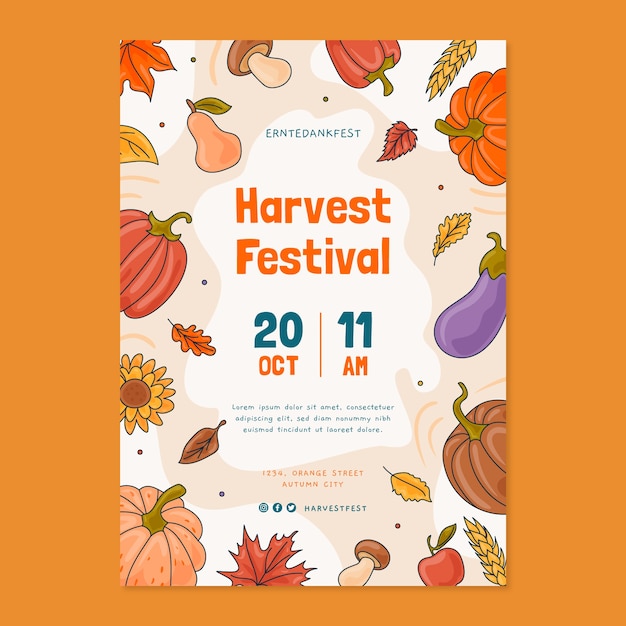 Hand drawn harvest festival vertical poster template with leaves and vegetables