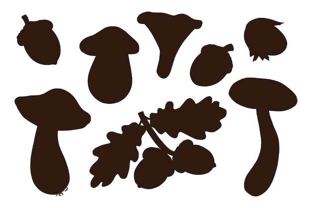 Hand Drawn Harvest Shadows Set. Oak leaves, acorns, hazelnut, mushrooms. Forest decorative silhouettes collection for print, sticker, invitation and greeting card design and decoration. Premium Vector