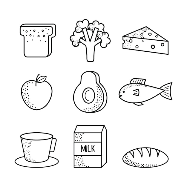 Hand drawn healthy food over white background. Vector illustration.