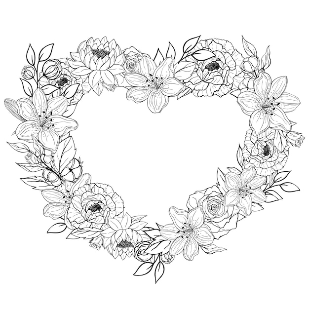 Hand drawn heart of flowers and leaves. Decorative spring floral romantic ornament. Vector illustration isolated on white background