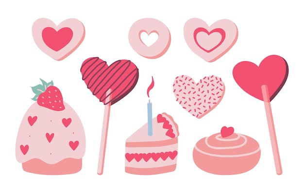 Hand drawn heart shaped valentines set of romantic sweets vector illustration