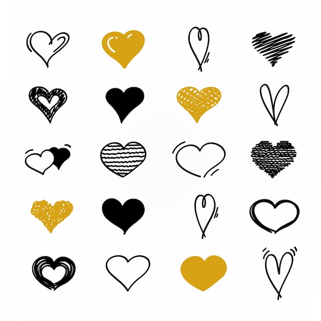 Hand drawn heart shapes in different styles illustration