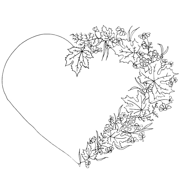 Hand drawn heart with autumn flowers anf leaves. Liner