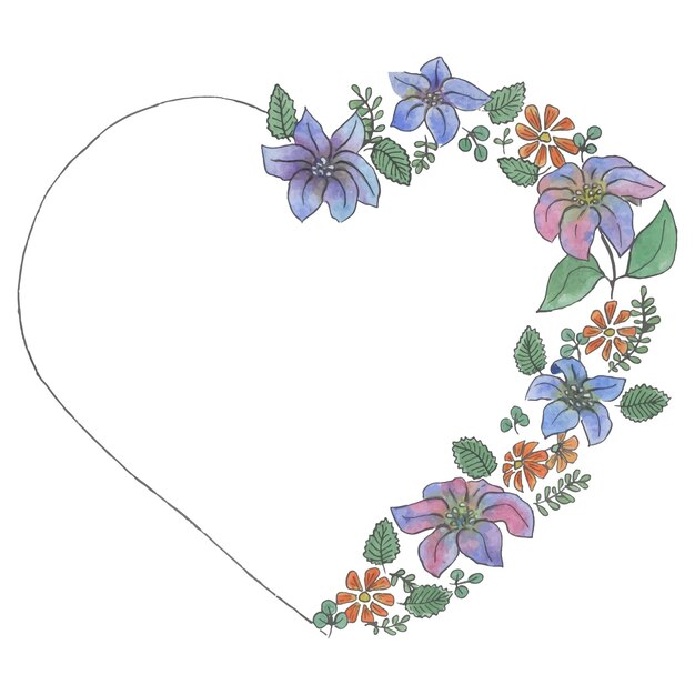 Vector hand drawn heart with flowers and leaves watercolor and liner