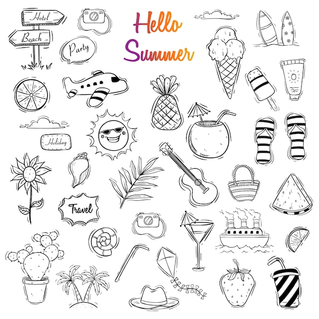 Hand drawn hello summer illustration set