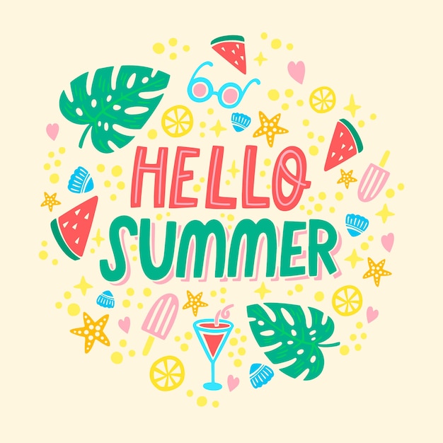 Hand drawn hello summer lettering with watermelon and leaves