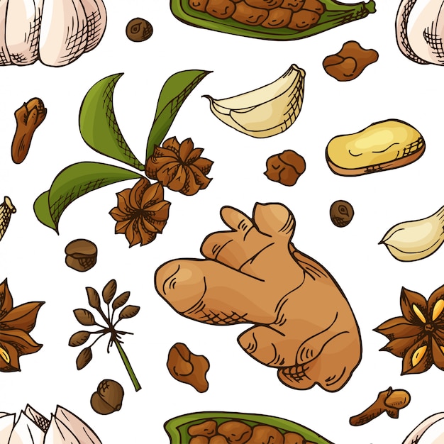 Hand drawn herbs and spices seamless pattern