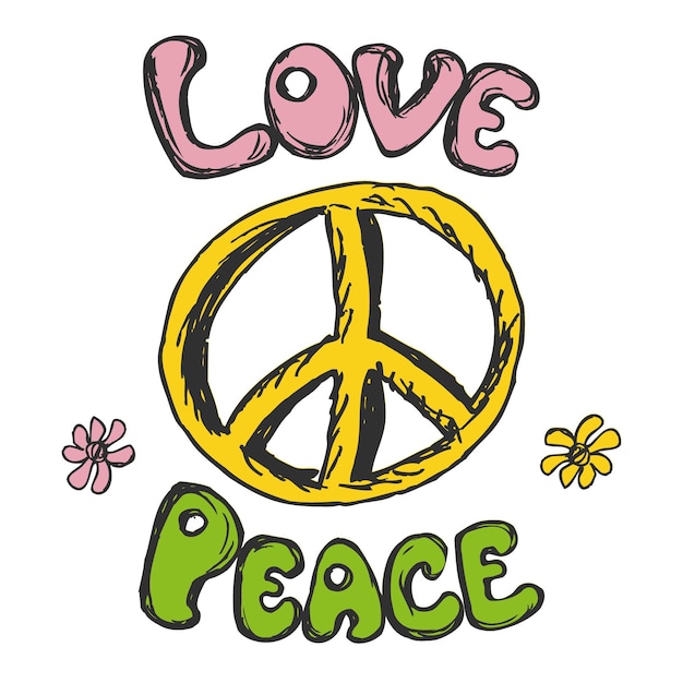 Vector hand drawn hippie background love and peace isolated on white background vector illustration